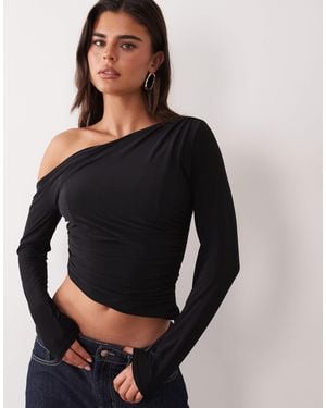 Missy Empire Slinky Asymmetric Ruched Long Sleeve Top - Black