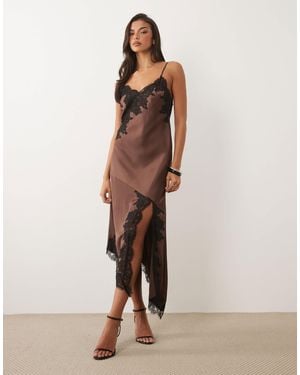 Nobody's Child Zaria Satin Lace Trim Split Front Cami Midi Dress - Natural