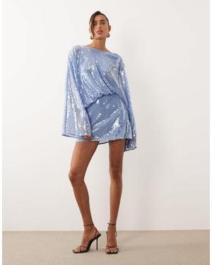 ASOS Glass Sequin Batwing Mini Dress With Draped Front Bodice - Blue