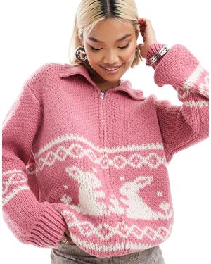 Bailey Rose Chunky Knitted Zip Cardigan - Pink