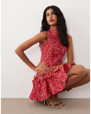 Sister Jane Exclusive Jacquard Sleeveless Cinched Waist Bow Hem Mini Dress - Red