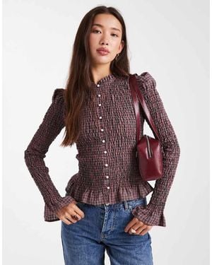 Daisy Street Puff Sleeve Detail Shirred Button Down Top - Purple