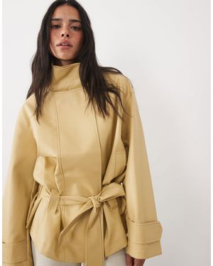 4th & Reckless Faux Leather Funnel Neck Wide Sleeve Tie Belt Detail Jacket - Natural