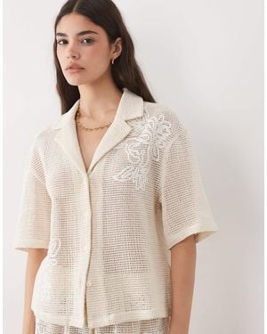 ASOS Open Knit Revere Shirt Co-Ord With Cornelli Detail - Natural