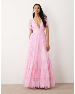LACE & BEADS Madison Tulle Flutter Sleeve V-neck Maxi Dress - Pink