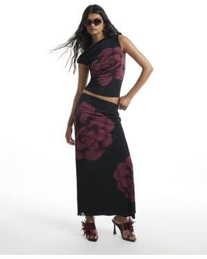 River Island Mesh Floral Print Maxi Skirt - Black