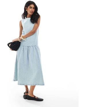 ASOS Denim Sleeveless Midi Dress With Drop Waist - Blue