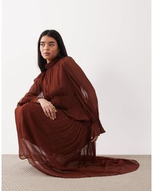 Mango High Neck Boho Tiered Sheer Long Sleeve Midaxi Dress - Brown