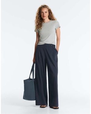 Oysho Pinstripe Cotton Pique Wide-Leg Trousers - Blue