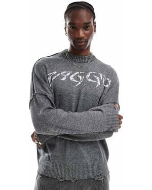 The Ragged Priest Distressed Oversized Knit With Print Logo - Grey