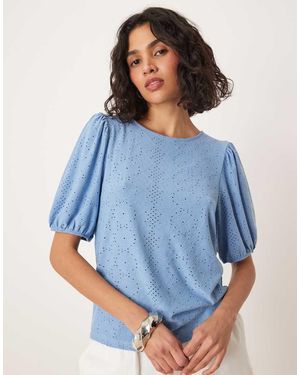 Vila Broderie T-shirt With Puff Sleeve Detail - Blue