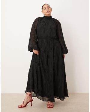 ASOS Asos Design Curve Crinkle Pleat Blouson Sleeve High Neck Maxi Dress - Black