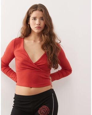 Collusion Long Sleeve V Neck Wrap Top - Red
