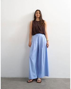 TOPSHOP Linen A Line Wide Leg Trouser - Blue
