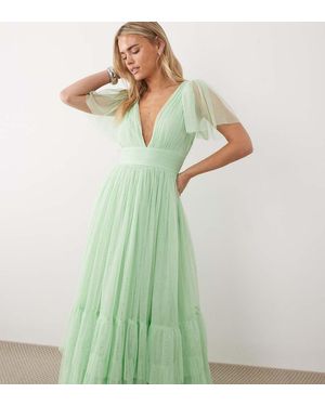 LACE & BEADS Bridesmaid Madison Smocked Flutter Sleeve Tiered Maxi Dress - Green