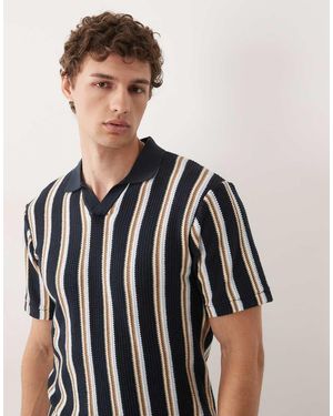 Blend Polo Vestibilità Classica Con Colletto Aperto A Righe - Nero