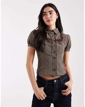 Daisy Street Short Puff Sleeve Blouse With Ribbon Detail - Brown
