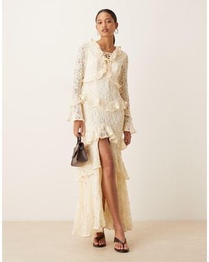 True Decadence Ruffle Lace Up Maxi Dress - Natural