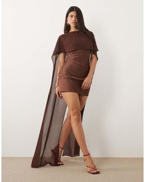 TFNC London Satin Mini Dress With Mesh Cape And Skirt - Brown