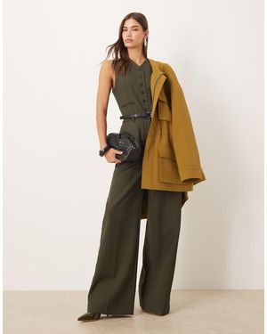 Mango Wool Mix Tailored Belted Waistcoat Jumpsuit - Natural