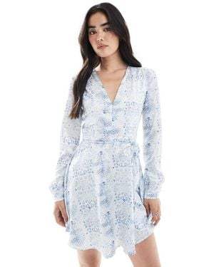 NARRATED V-Neck Waist Tie Mini Dress - Blue