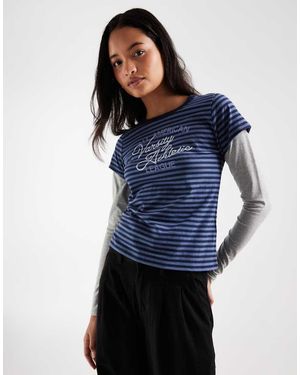Hollister Camiseta De Manga Larga De Doble Capa Estilo Años 2000 En Blanco Y Rayas Marino - Azul