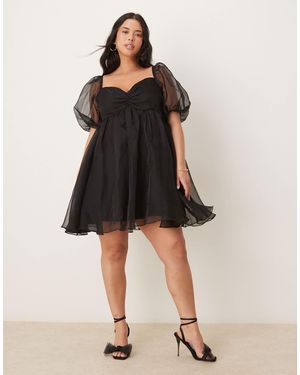 Lace & Beads Plus Puff Sleeve Organza Mini Dress - Black