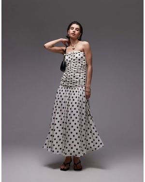 Mango Bandeau Maxi Dress With Dropped Waist And Ruched Bodice - White