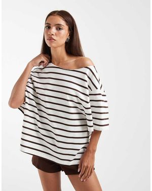 ASOS Slouchy Off Shoulder Oversized Tee Choc & Cream Stripe - White