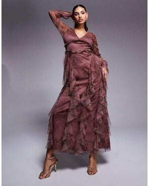 LACE & BEADS Long Sleeve Ruffle Maxi Dress - Purple