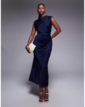 ASOS Satin High Neck Pleated Bodice Midi Dress - Blue