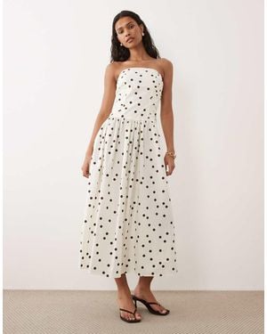 New Look Polka Dot Bandeau Ruched Midi Dress - Natural