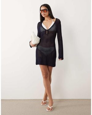 GOOD AMERICAN Vestido Playero Corto Con Cuello Ancho Y Lazada Delantera De Croché De - Neutro