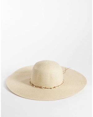 South Beach Wide Brim Floppy Hat With Sea Shell Embellishment - Natural