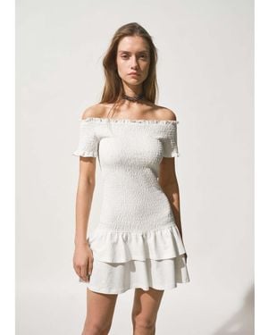 Mango Teen Crinkle Off Shoulder Mini Dress With Ruffle Hem - White