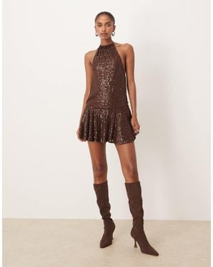 Motel Veloria Halterneck Drape Mini Dress - Natural
