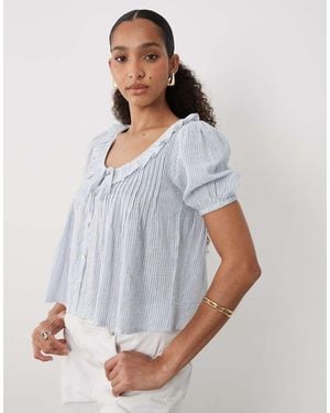 New Look Gestreepte Blouse Van Linnenmix Met Ruches - Wit