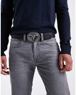 ASOS Plate Buckle Belt With Whipstitch And Stud Detail - Blue