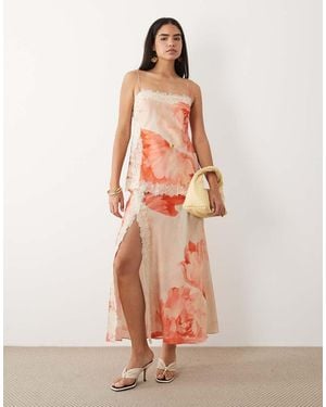 ASOS Satin Cami Bias Double Layer Lace Applique Maxi Dress - Pink