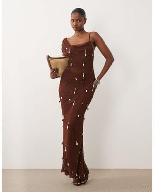 ASOS Manipulated Crochet Maxi Dress With Pearl Drops - Brown