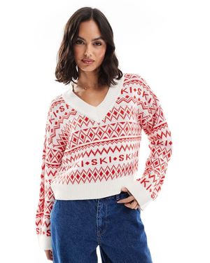 ASOS Maglione Rosso E Crema Con Motivo Fair Isle, Scollo A V E Scritta