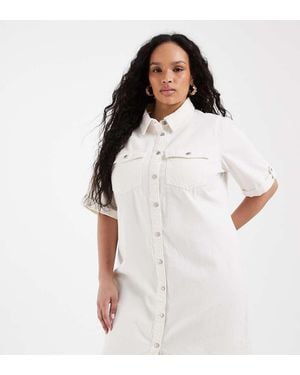 Vero Moda Short Sleeve Button Front Denim Mini Dress - White