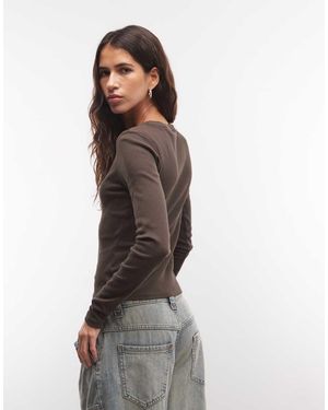 Monki Ribbed Long Sleeve Top - Brown