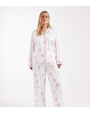 Loungeable Pijama De Pantalones De Pernera Ancha Y Top Con Solapas Y Estampado Cósmico De Punto Liso Muy Suave De Curve - Blanco