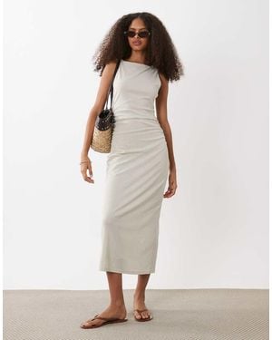 Mango Boat Neck Sleeveless Midi Dress With Ruched Waist - White