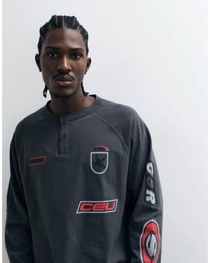 ASOS Long Sleeve Boxy Oversized Henley T-shirt With Street Graphics - Black