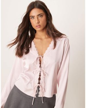 Abercrombie & Fitch Lace Tie Front Long Sleeve Top - Pink