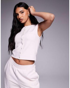 Kaiia Exclusive Cotton Blend Bubble Embossed Logo Button Through Waistcoat Top Co-Ord - Purple