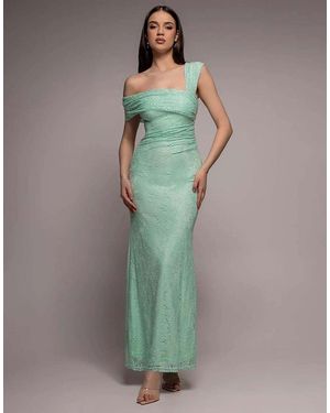 Goddiva One Shoulder Pleated Bardot Lace Maxi Dress - Green