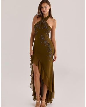 House Of Cb Raquel Sage Georgette Hand Embellished Halter Maxi Dress - Green